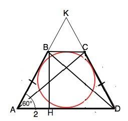Вравнобедренную трапецию с острым углом 60, одно из оснований которой на 4 больше другого, вписана о