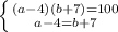 \left \{ {{(a-4)(b+7)=100} \atop {a-4=b+7}} \right. \\ \\&#10;