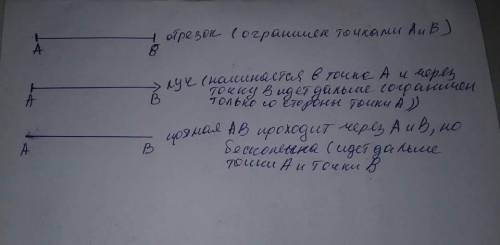 Даны точки a и в .постройте: 1)отрезок ав; 2)луч ав; 3)прямую ав