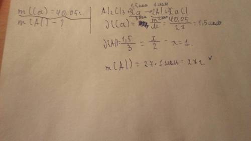 Вычислите массу аллюминия получаемого восстановлением кальция 40, 05 г. расплава хлорида аллюминия