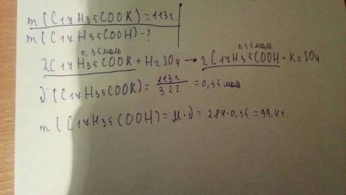 Какую массу стеариновой кислоты можно получить из жидкого мыла, содержащего 113 г стеарата калия под