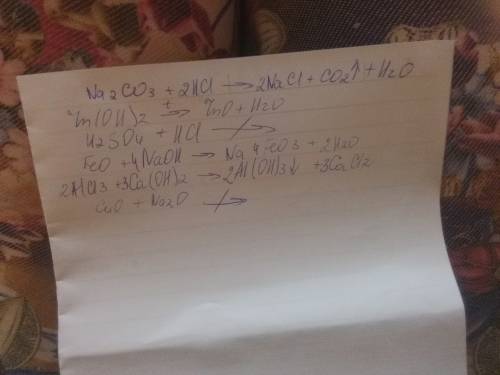 Na2co3+hcl= zn(oh)2= h2s04+hcl= feo+naoh= alcl3+ca(oh)2= cuo+na20=