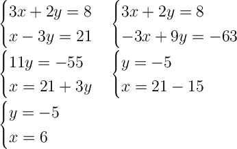 $$\Large\begin{cases}3x+2y=8 \\ x-3y=21 \end{cases} \begin{cases}3x+2y=8 \\ -3x+9y=-63 \end{cases} \\ \begin{cases}11y=-55 \\ x=21+3y\end{cases} \begin{cases}y=-5 \\ x=21-15\end{cases} \\ \begin{cases}y=-5 \\ x=6\end{cases}$$