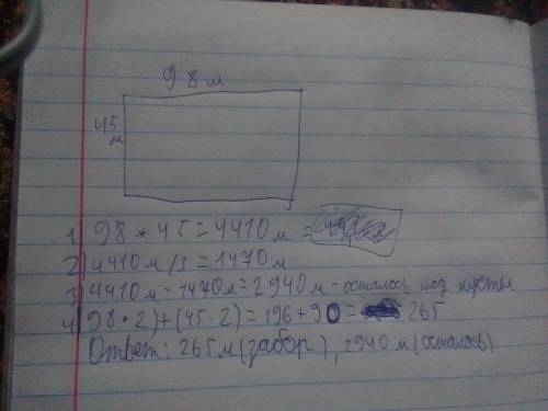 Длина садового участка прямоугольной формы 98 м а ширина 45 м одна треть занята под груши.какая площ