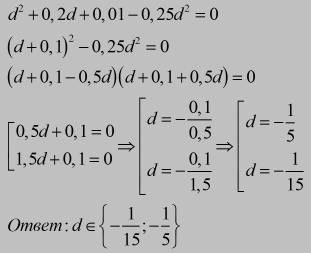 Реши уравнение d^2+0,2d+0,01−0,25d^2=0 ^2 - 2 степень если что