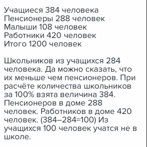 Вдоме живет 1200 человек из них 32процента это учащийся 24процента пенсионеры 9процентов это малыши