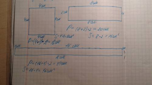 Нарисуй три разных прямоугольника , площадь которых равна 16 см2 . для каждого прямоугольника найди