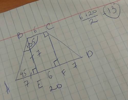 Вравнобедренной трапеции с углом в 135 большее основание равно 20 см, а высота, проведенная от одног