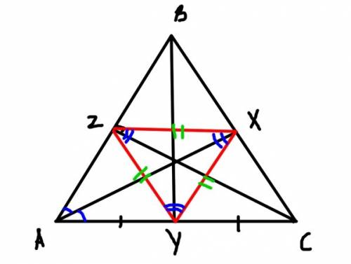 Втреугольнике abc проведены биссектриса ax, медиана by, высота cz. треугольник xyz- равносторонний.