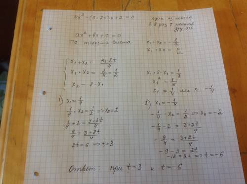 2. при каких значениях параметра t один их корней уравнения 4х^2 – (3 + 2 t) х + 2 = 0 в 8 раз меньш