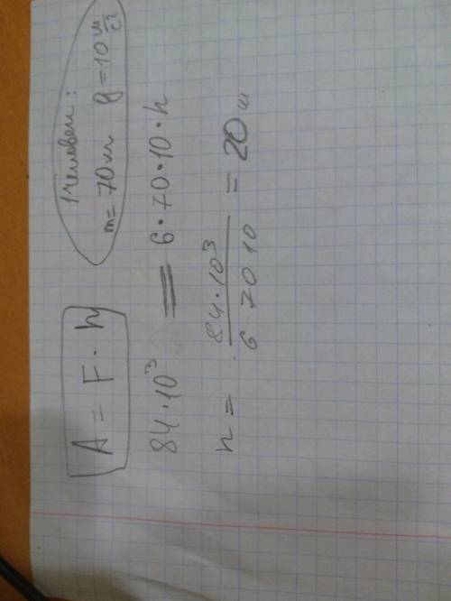 Лифт,поднимая на шестой этаж 6 человек, выполнил работу 84 к дж масса одного человека-70кг . на како