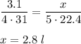 \displaystyle \frac{3.1}{4\cdot 31} = \frac{x}{5\cdot 22.4} \\ \\ x=2.8\,\, l