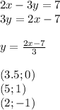 2x-3y=7 \\ 3y=2x-7 \\ \\ y= \frac{2x-7}{3} \\ \\ (3.5;0) \\ (5;1) \\ (2;-1)