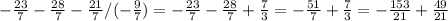 -\frac{23}{7} - \frac{28}{7} - \frac{21}{7} / (-\frac{9}{7}) =&#10;-\frac{23}{7} - \frac{28}{7} + \frac{7}{3} =-\frac{51}{7} + \frac{7}{3} =-\frac{153}{21} + \frac{49}{21}