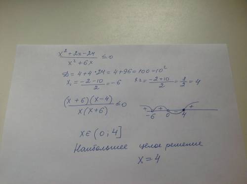 Найдите наибольшее целое решение неравенств: x^2+2x-24/x^2+6x< =0