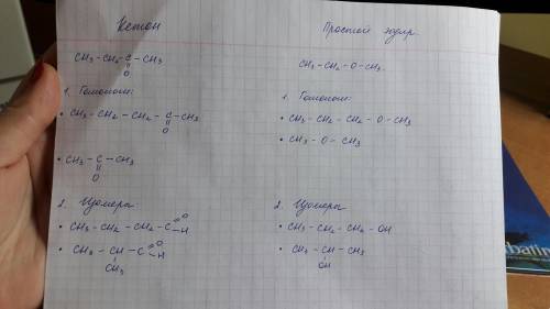 Изобразить два гомолога и изомера для кетона состоящего из четырех углеродов и для простого эфира со