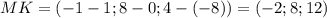 MK=(-1-1;8-0;4-(-8))=(-2;8;12)