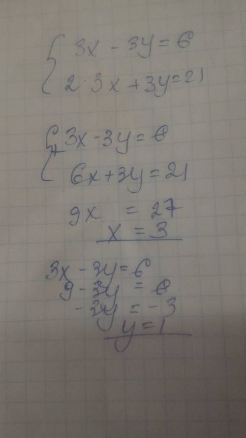 Заранее . решите систему уравнения, 3x-3y=6 2*3x+3y=21