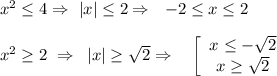 x^2 \leq 4\Rightarrow\,\, |x| \leq 2\Rightarrow\,\,\,\, -2 \leq x \leq 2\\ \\ x^2 \geq 2\,\, \Rightarrow \,\,\, |x| \geq \sqrt{2} \Rightarrow\,\,\,\,\,\, \left[\begin{array}{ccc}x \leq - \sqrt{2} \\ x \geq \sqrt{2}\end{array}\right