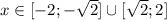 x \in [-2;-\sqrt{2}]\cup[\sqrt{2};2]