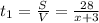 t_1=\frac{S}{V}=\frac{28}{x+3}