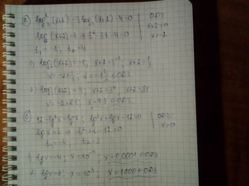 Надо а)log^2 3(x+2) - 3log3(x+2)-4=0 б)12-lg^2 x=lg x