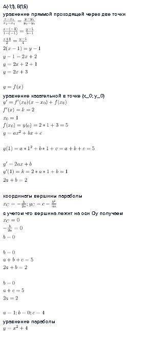 Парабола с вершиной, лежащей на оси oy, касается прямой, проходящей через точки a(-1; 1) и b(1; 5),