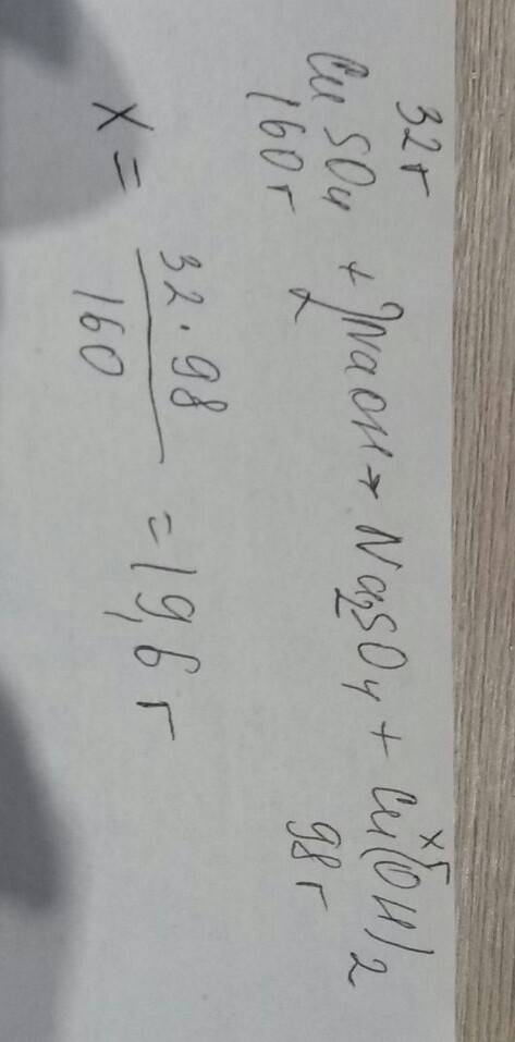 Сколько граммов гидрооксида меди (2) образуется из 32г сульфата меди и гидрооксида натрия?