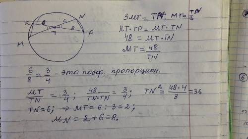 Хорды мn и kp пересекаются в точке t. найдите bn, если kt=6 см pt=8 см a длина mt в три раза меньше