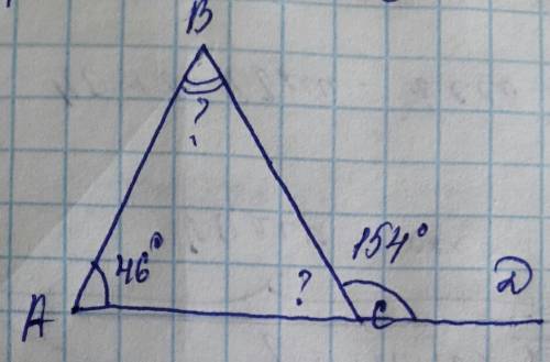 Дано: треугольник abc,уголa=46°; уголbcd=154° найти: угол b и угол acb