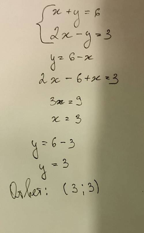 Если можно распишите все: найти точку пересечения прямых x+y=6 2x-y=3