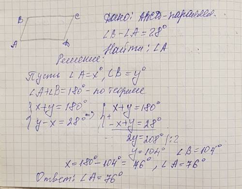 Разность двух углов параллелограмма равна 28 градусов. найдите градусную меру меньшео из углов парал
