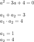 a^2 - 3a + 4 = 0 \\ \\&#10;a_1 + a_2 = 3 \\ &#10;a_1 \cdot a_2 = 4 \\ \\ a_1 = 1 \\ a_2 = 4