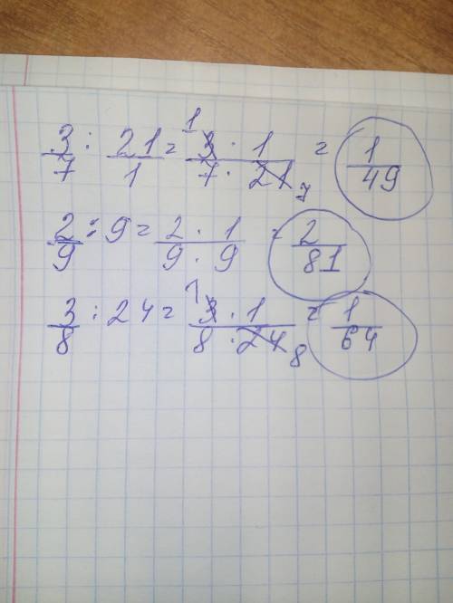 Разделите дробь на натуральное число: 3/7: 21 ; в) 2/9: 9 ; г) 3/8: 24