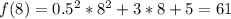 f(8)=0.5^2*8^2+3*8+5=61