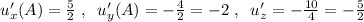 u'_{x}(A)= \frac{5}{2}\; ,\; \; u'_{y}(A)=- \frac{4}{2}=-2\; ,\; \; u'_{z}=-\frac{10}{4}=-\frac{5}{2}