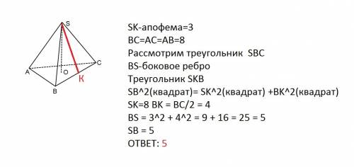 1.у правильній трикутній піраміді сторона основи дорівнює 8см,а апофема 3 см.знайдіть бічне ребро пі