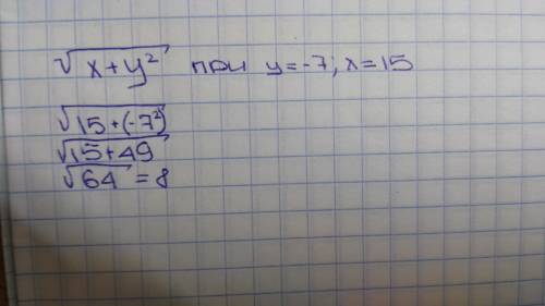 Найдите значение выражения √x+y² при y = -7; x=15