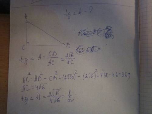 Втреугольнике abc: угол c=90 градусов; bc= 2^6; ab= 2^30. найдите tg угла a.