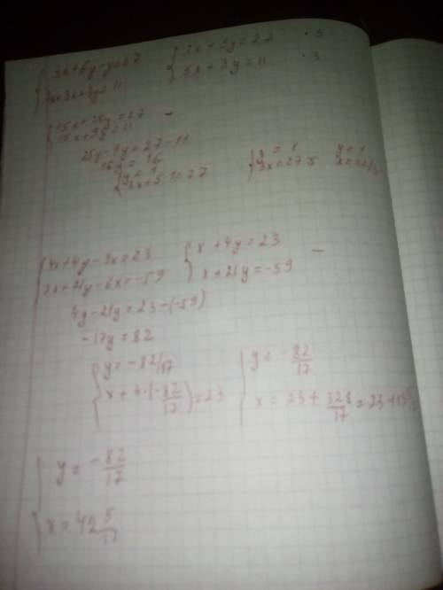 Решить системы уравнений подстановки {3(х+2y)-у=27; {2x+3 (х+ у)=11 {4 (x+у)-3x=23; {7(x+3у)-6x=-59