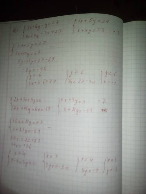 Решить системы уравнений подстановки {3(х+2y)-у=27; {2x+3 (х+ у)=11 {4 (x+у)-3x=23; {7(x+3у)-6x=-59