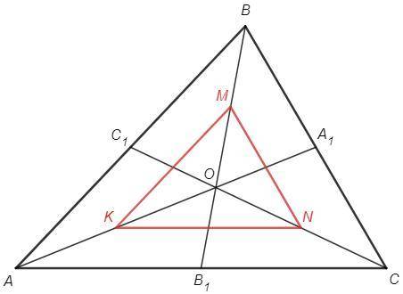 Втреугольнике авс медианы аа¹, вв¹, сс¹ пересекаются в точке о. точки k, m, n являются серединами от