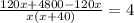 \frac{120x+4800-120x}{x(x+40)} =4