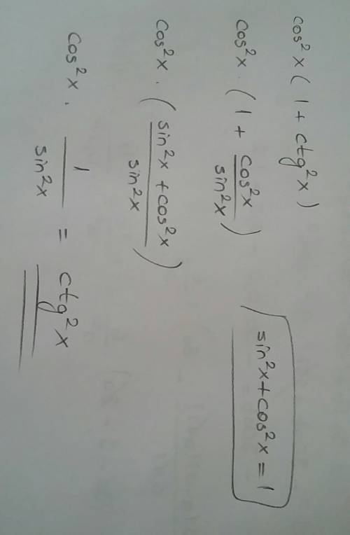 Cos^2x+cos^2x*ctg^2x=ctg^2x доказать тождество