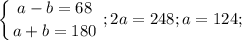 $\left \{ {{a-b=68} \atop {a+b=180}} \right.; 2a=248; a=124;