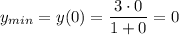 y_{min} = y(0) = \dfrac{3 \cdot 0}{1 + 0 } = 0