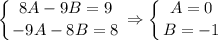 \displaystyle \left \{ {{8A-9B=9} \atop {-9A-8B=8}} \right. \Rightarrow \left \{ {{A=0} \atop {B=-1}} \right.