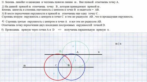 Начертите прямую m,отметьте вне её точку a.проведите через точку a прямую, параллельную прямой m.