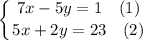 \displaystyle \left \{ {{7x-5y=1\,\,\,\,\,\, (1)} \atop {5x+2y=23\,\,\,\,\,\,(2)}} \right.