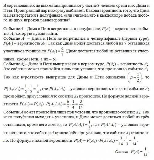 Всоревнованиях по шахматам принимают участие 8 человек среди них дима и петя. проигравший партию сра